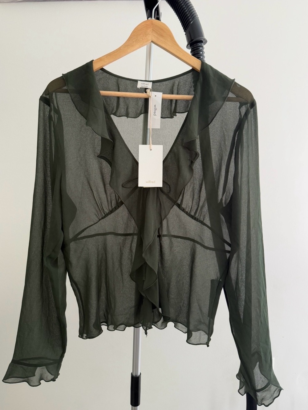 New Wilfred Sheer Ruffle-Front Blouse - Olive Green